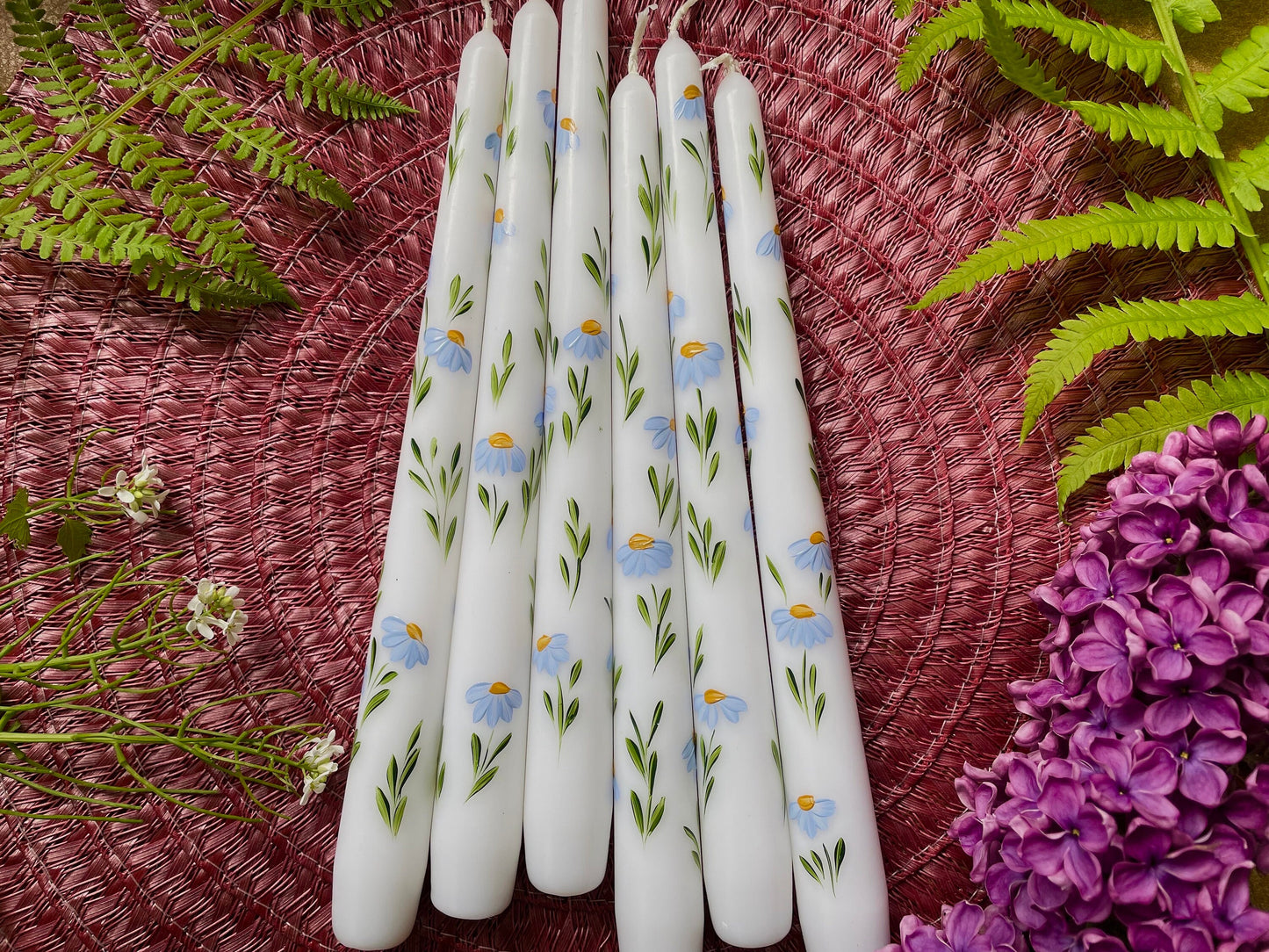 Set of 2 Hand Painted Blue Daisies Taper Candles