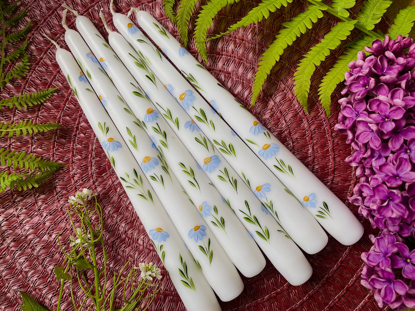 Set of 2 Hand Painted Blue Daisies Taper Candles