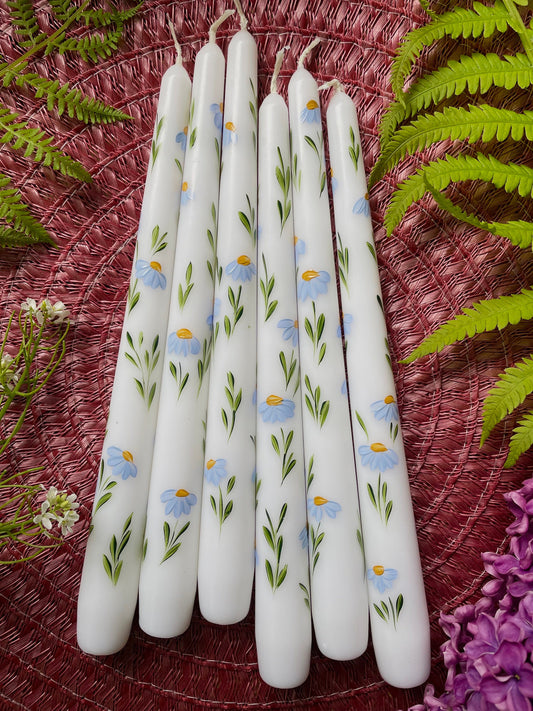 Set of 2 Hand Painted Blue Daisies Taper Candles