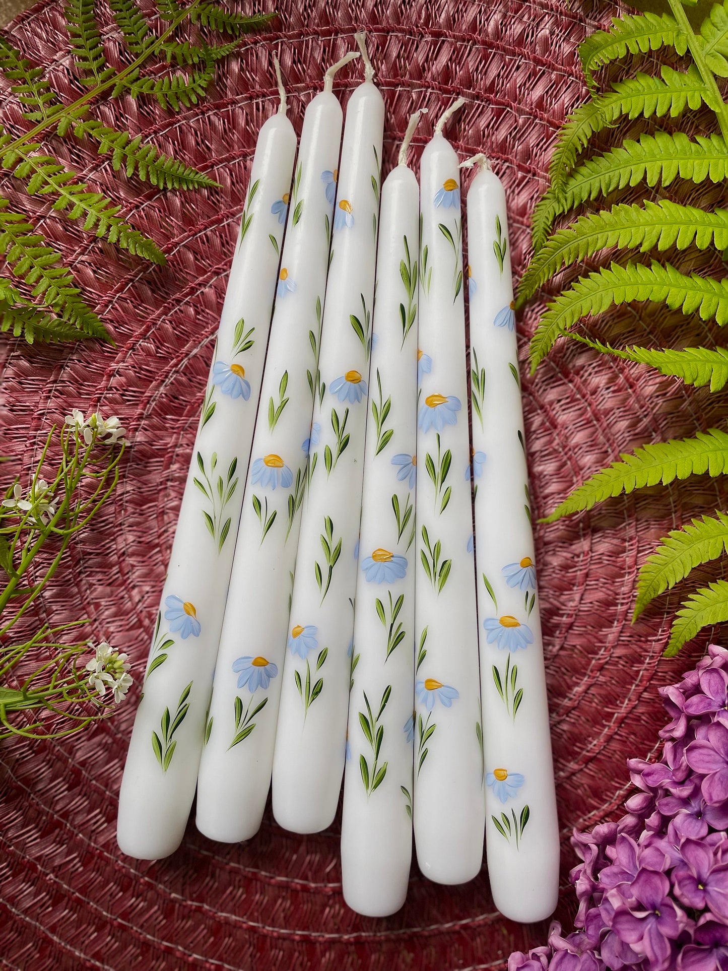 Set of 2 Hand Painted Blue Daisies Taper Candles