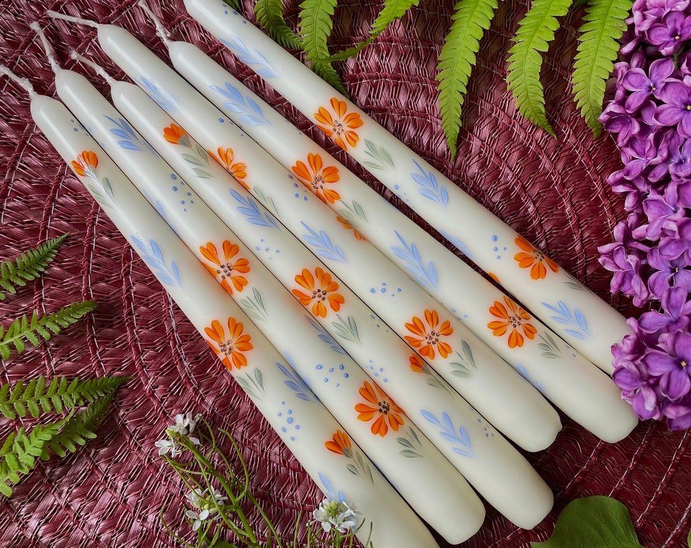 Set of 2 Hand Painted Taper Candles [Ivory Colored]